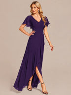 Double V-Neck Flutter Sleeve Flowy Slit Maxi Gown | Oyese