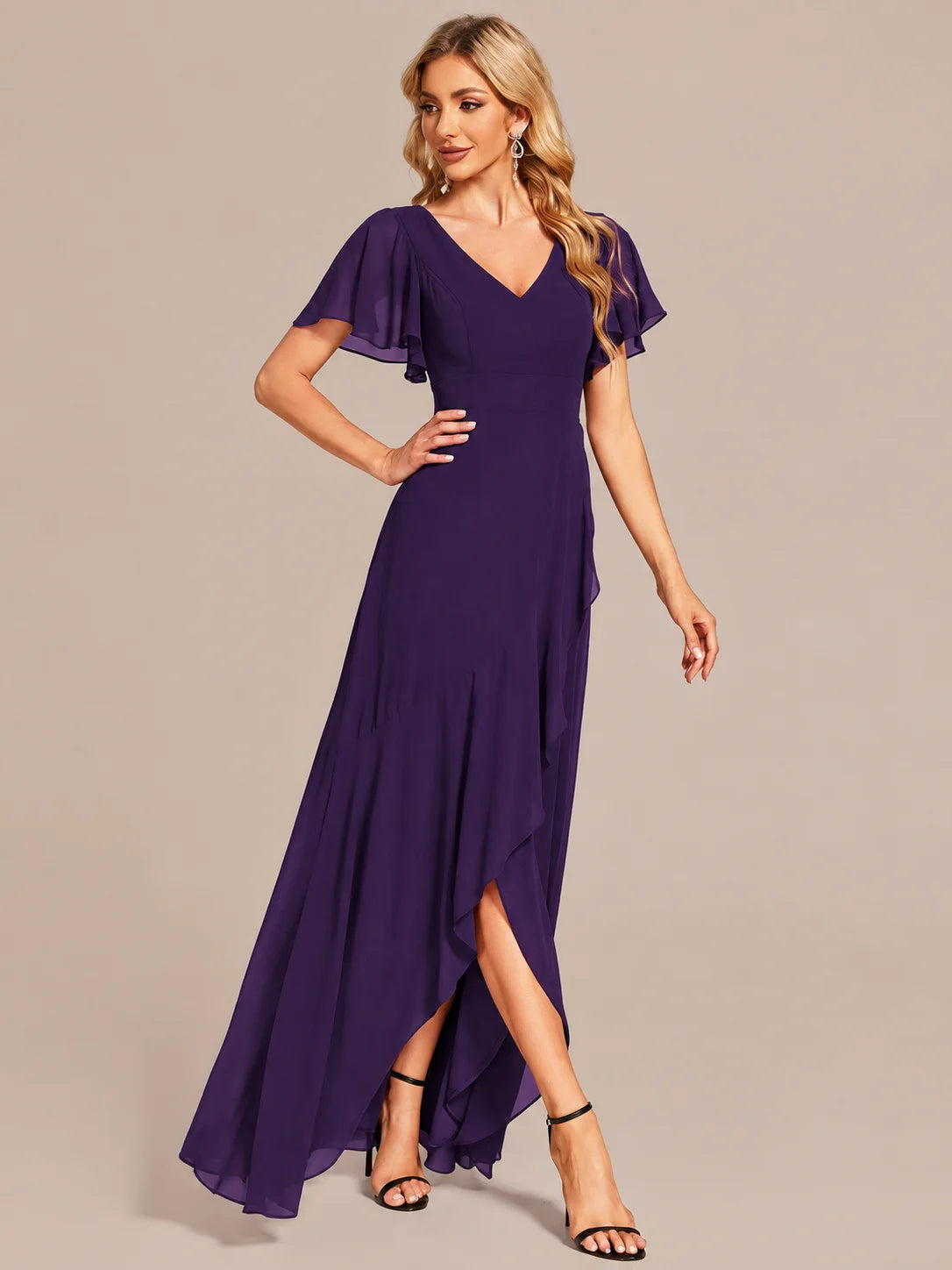 Double V-Neck Flutter Sleeve Flowy Slit Maxi Gown | Oyese