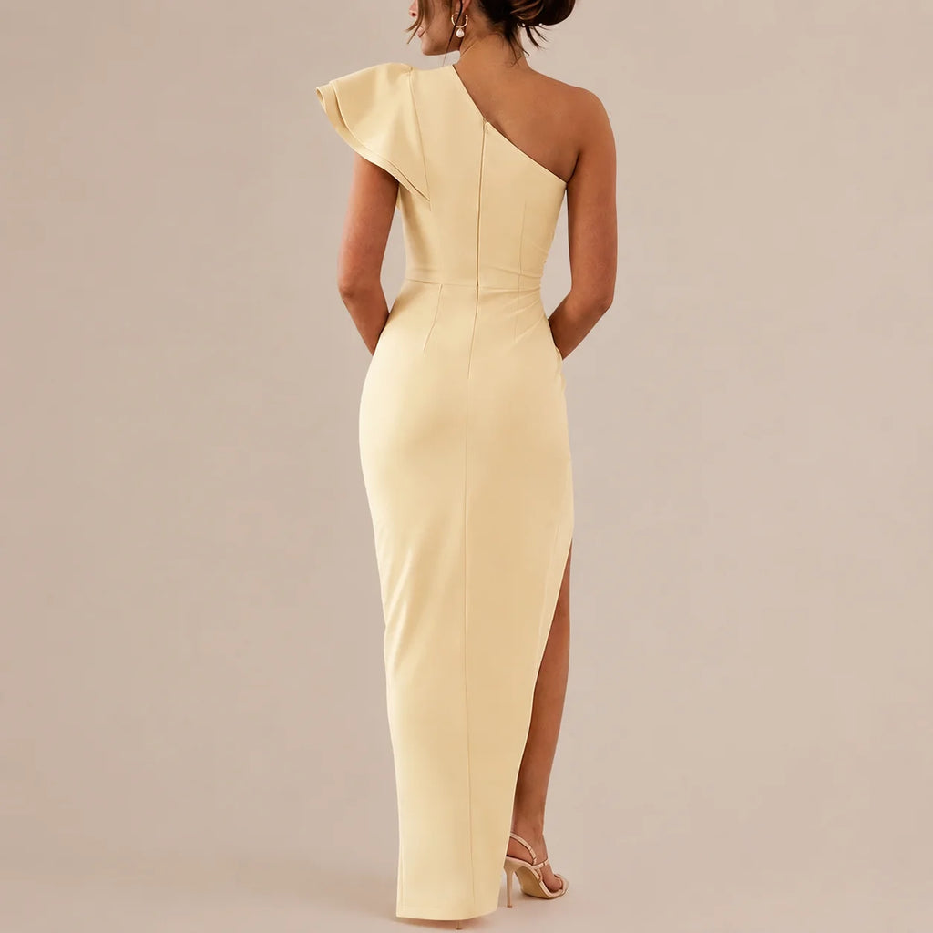 One Shoulder Ruffle Sleeve Cutout Maxi Dress – High Slit Formal Gown | Oyese
