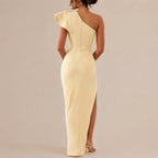 One Shoulder Ruffle Sleeve Cutout Maxi Dress – High Slit Formal Gown | Oyese