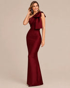 One-Shoulder Bow Satin Mermaid Evening Gown | Oyese