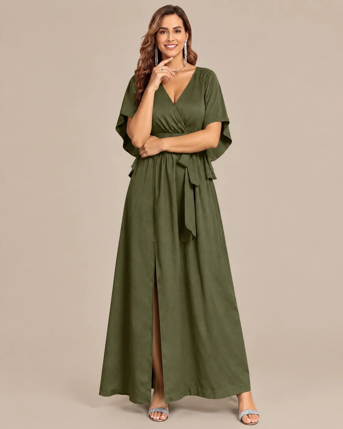 Plus Size Wrap V-Neck Flutter Sleeve Slit Maxi Dress | Oyese