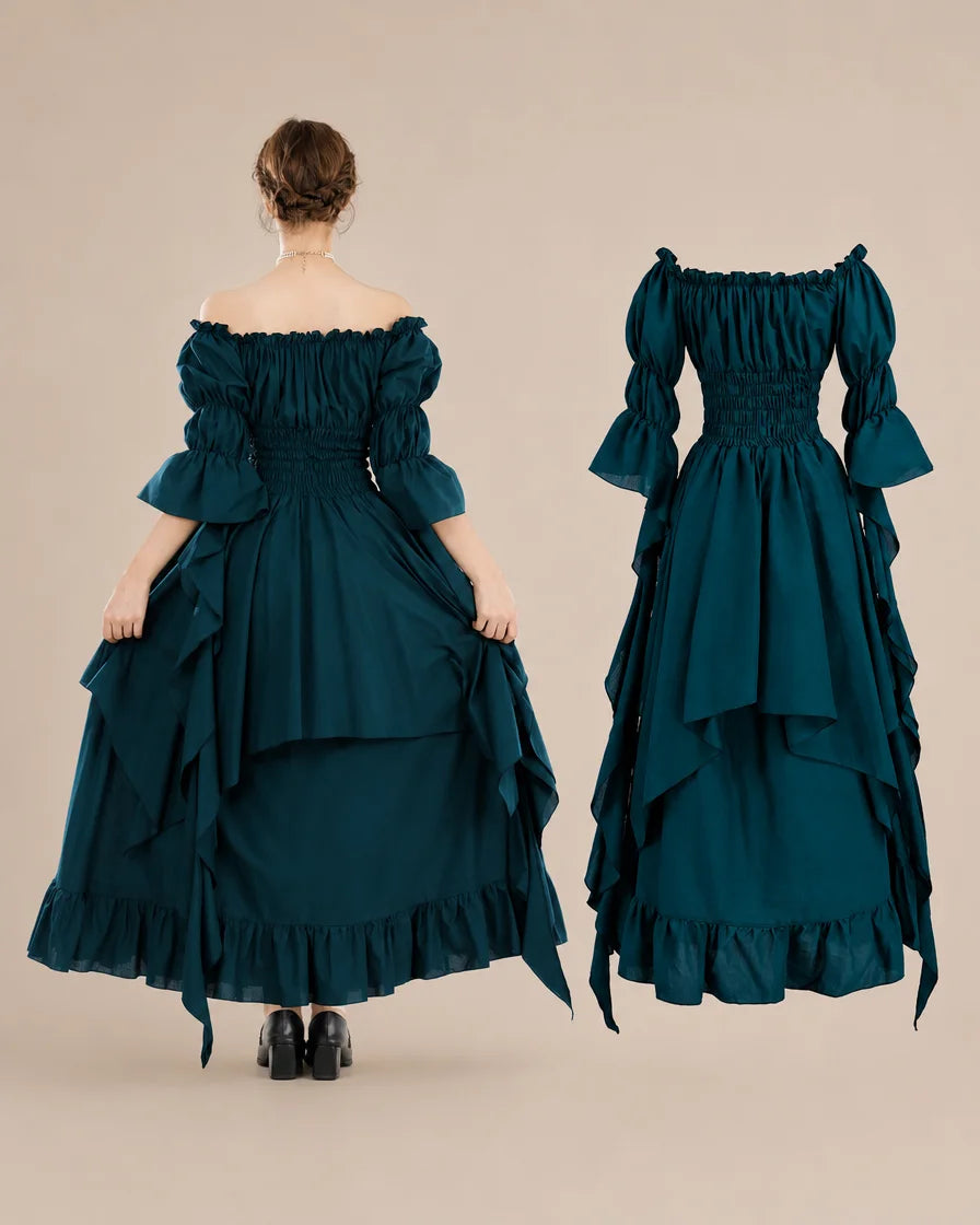 A dark teal off-the-shoulder gown shown from the back on a model, alongside a second view of the same dress on a mannequin against a plain beige studio background.
