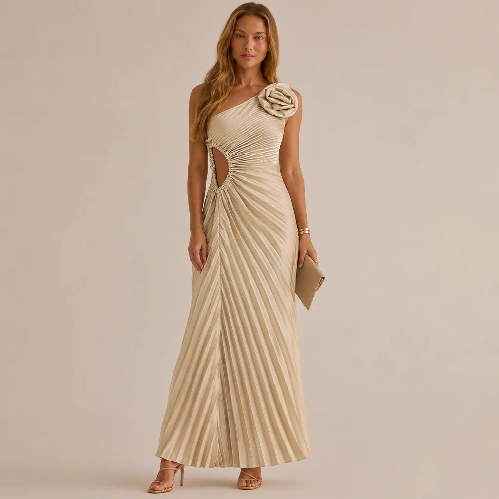 One Shoulder Rosette Pleated Maxi Dress – Cutout Waist Formal Gown | Oyese