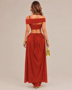Off-Shoulder Cutout Mesh Draped Maxi Dress | Oyese