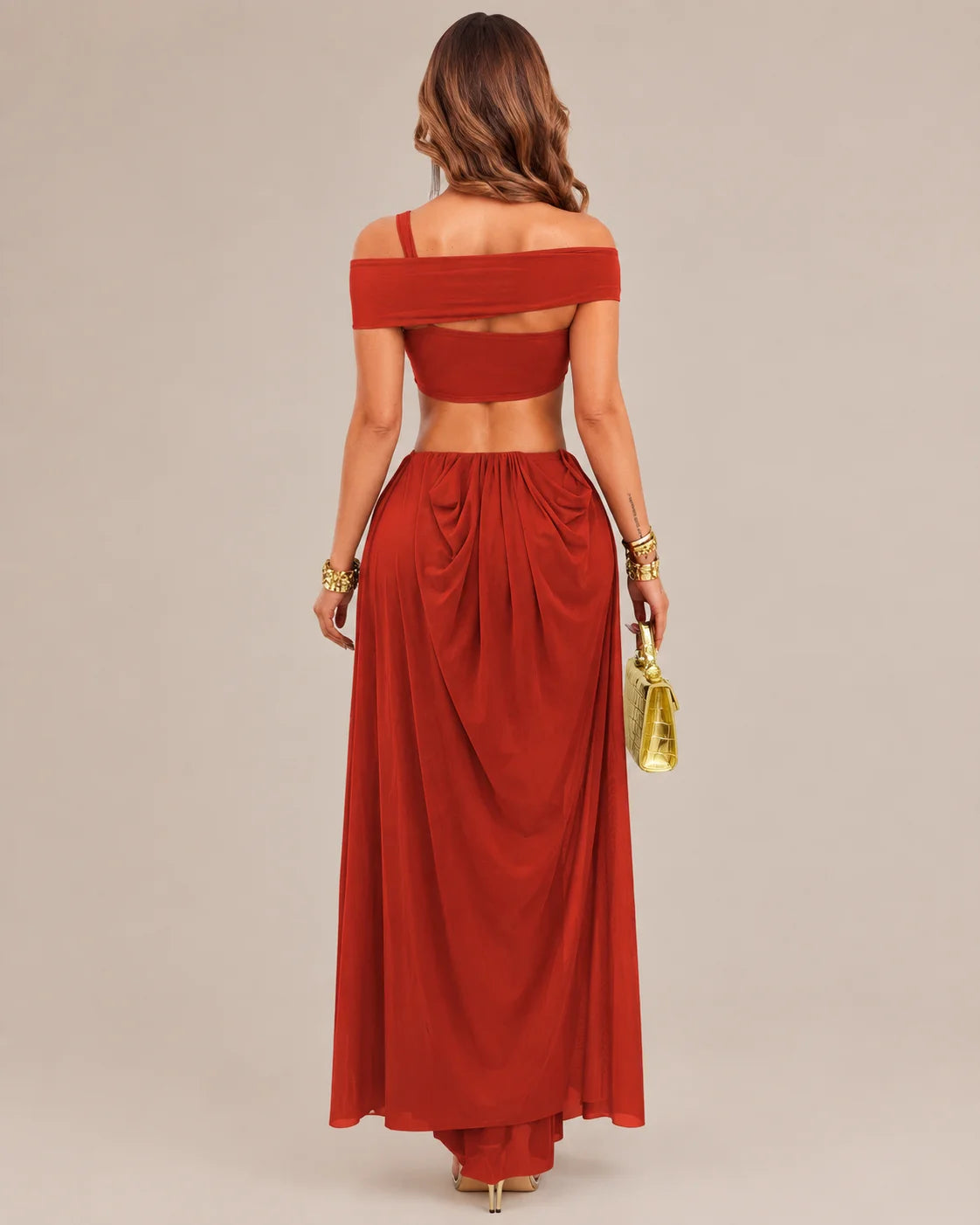 Off-Shoulder Cutout Mesh Draped Maxi Dress | Oyese