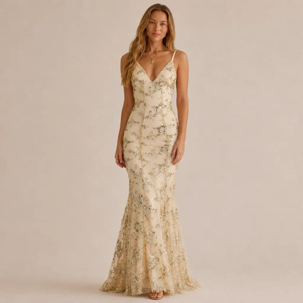 V-Neck Sequin Lace-Up Backless Mermaid Gown – Sparkly Prom Dress | Oyese