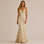 V-Neck Sequin Lace-Up Backless Mermaid Gown – Sparkly Prom Dress | Oyese