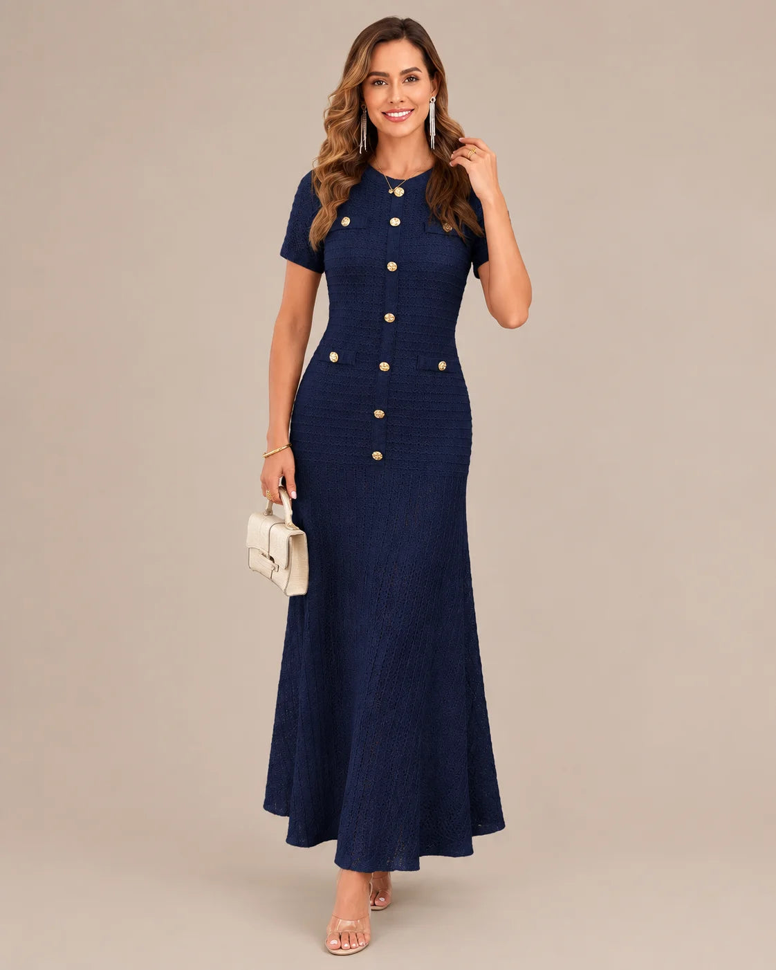Textured Tweed Button Front Fitted Flare Midi Dress | Oyese