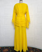 Deep V Long Sleeve Feather Cuff Maxi Dress with Slit | Oyese
