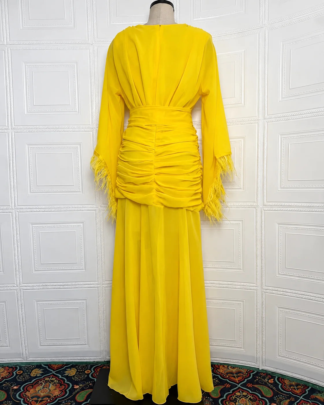 Deep V Long Sleeve Feather Cuff Maxi Dress with Slit | Oyese