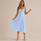 Square Neck Tie Front A-Line Midi Dress – Floral & Solid Summer Dress | Oyese