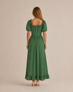 Off-Shoulder Corset Puff Sleeve Ruffle Maxi Dress – Renaissance Style | Oyese