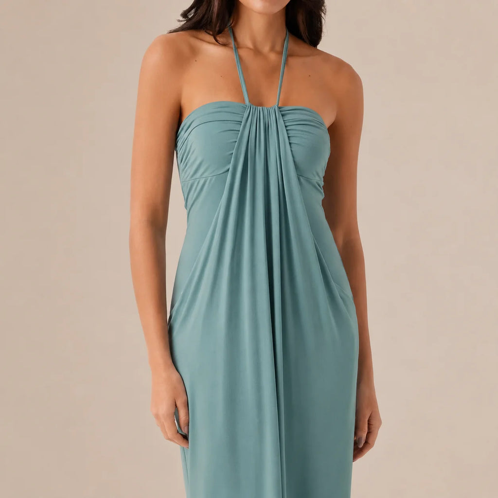 Halter Tie Gathered Maxi Dress with Pockets – Relaxed Summer Drape | Oyese