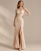 Illusion Neckline Sheer Sleeve Side Ruched Maxi Dress with Slit | Oyese