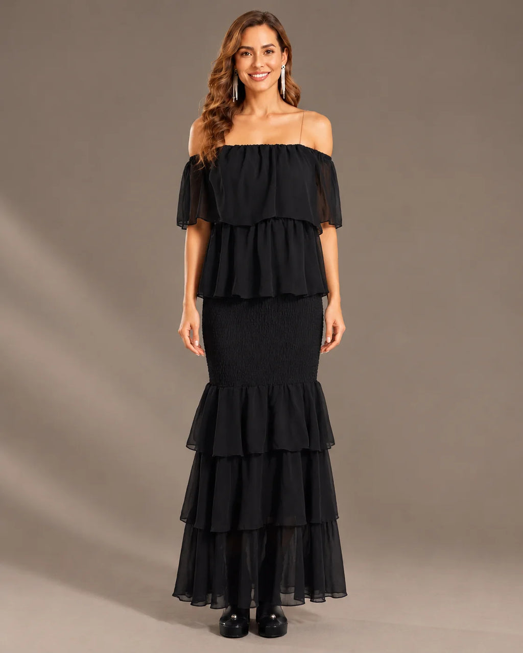 Strapless Pleated Tiered Ruffle Fitted Maxi Dress | Oyese