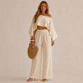 Off-Shoulder Cape Top & Wide Leg Pants Set – Beach Vacation 2-Piece | Oyese