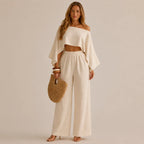 Off-Shoulder Cape Top & Wide Leg Pants Set – Beach Vacation 2-Piece | Oyese