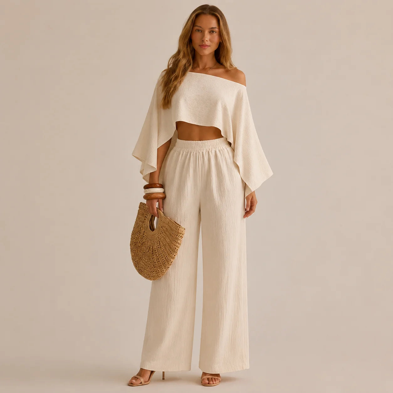 Off-Shoulder Cape Top & Wide Leg Pants Set – Beach Vacation 2-Piece | Oyese