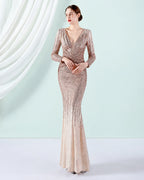 Deep V Long Sleeve Ombre Sequin Mermaid Evening Gown | Oyese