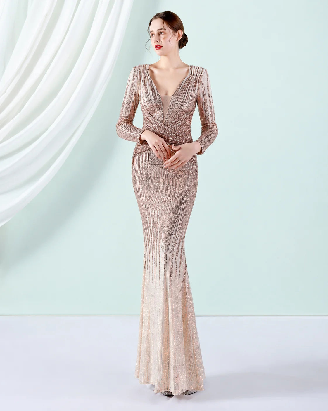 Deep V Long Sleeve Ombre Sequin Mermaid Evening Gown | Oyese