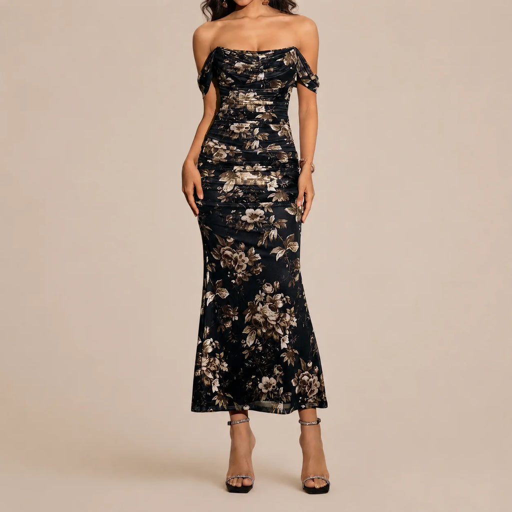 Off-Shoulder Ruched Mesh Bodycon Maxi Dress – Mermaid Evening Gown | Oyese