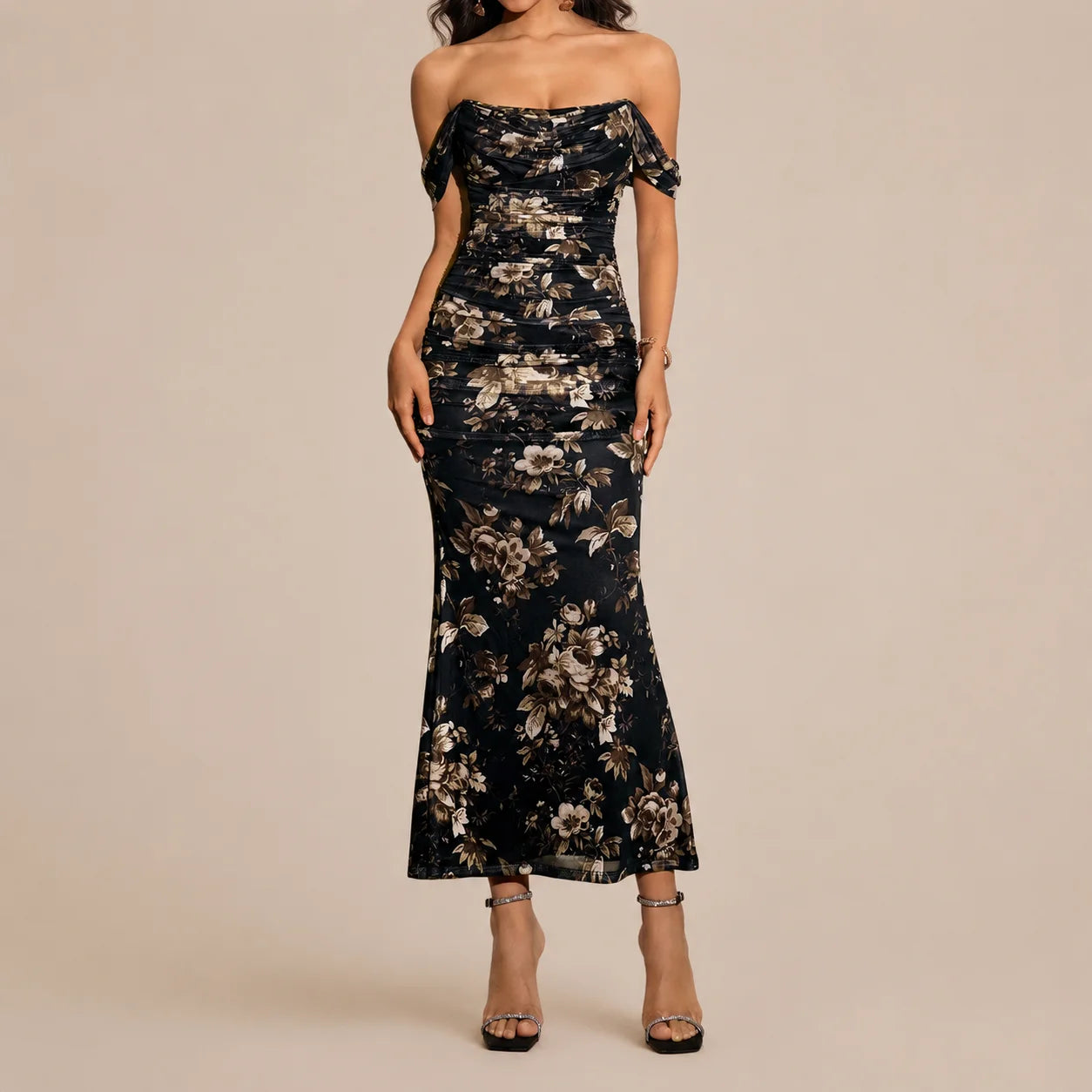 Off-Shoulder Ruched Mesh Bodycon Maxi Dress – Mermaid Evening Gown | Oyese