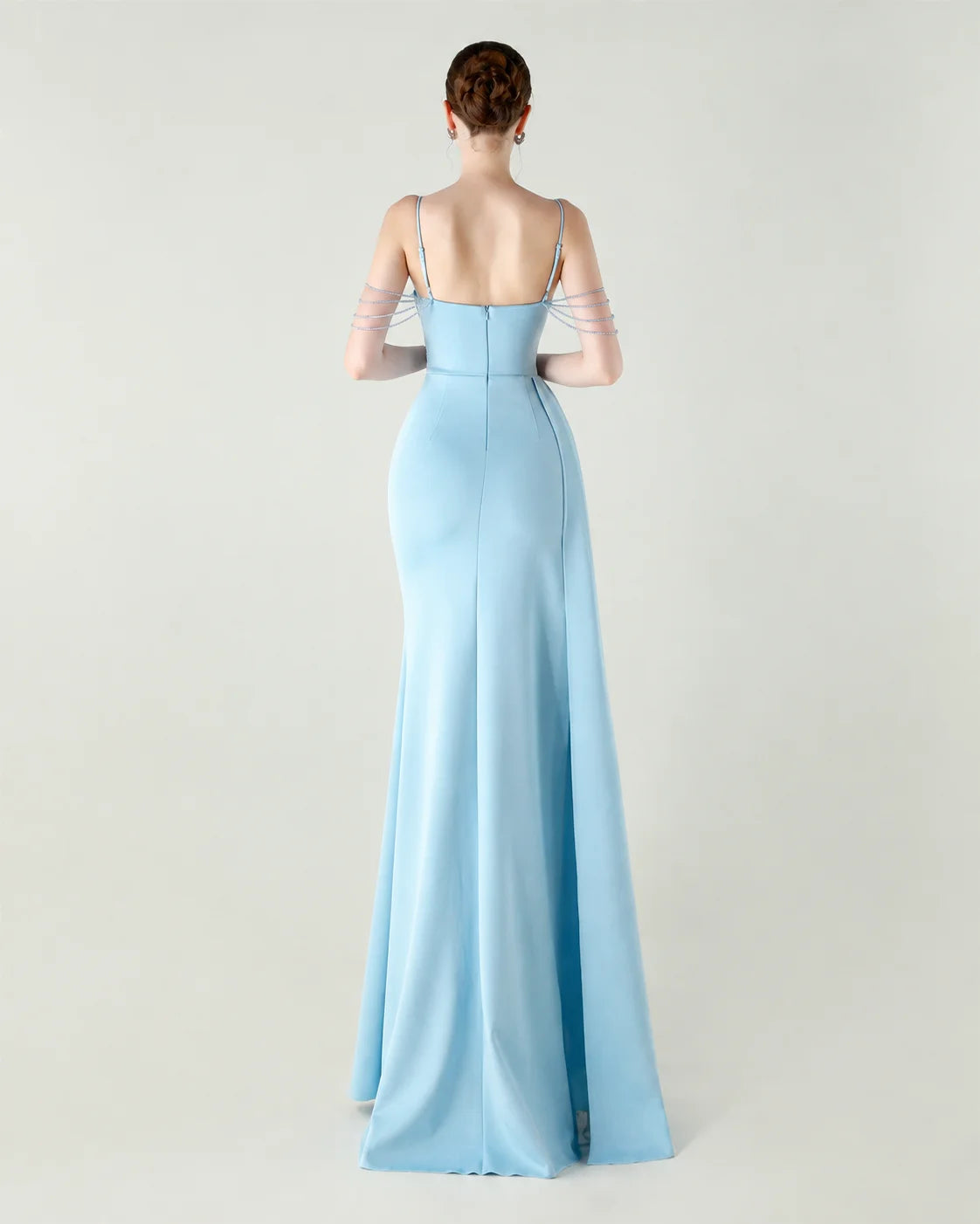 Strapless Beaded Chain Strap Ruched Mermaid Gown | Oyese