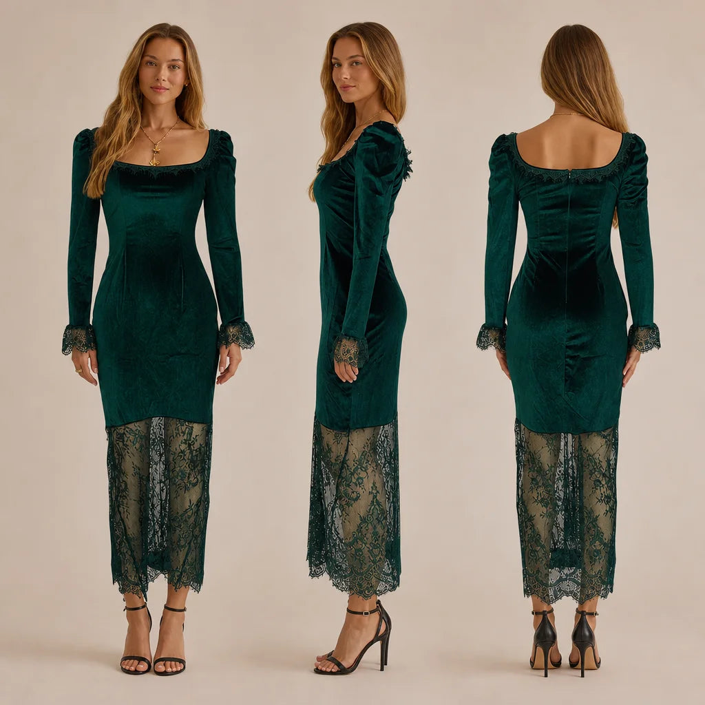 Velvet Lace Trim Bodycon Midi Dress – French Long Sleeve Evening Dress | Oyese