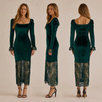 Velvet Lace Trim Bodycon Midi Dress – French Long Sleeve Evening Dress | Oyese