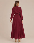 Ruffled Mock Neck Belted Pleated Midi Dress | Oyese