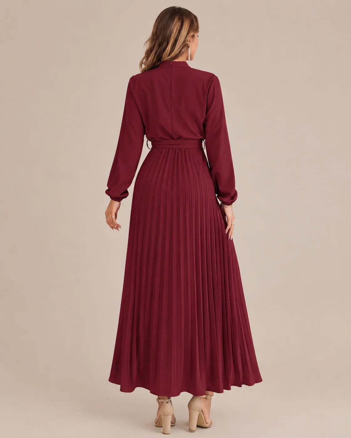 Ruffled Mock Neck Belted Pleated Midi Dress | Oyese