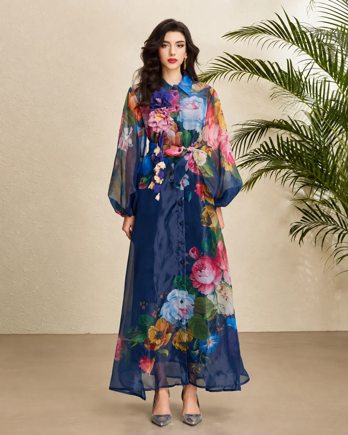 Vintage Floral Puff Sleeve Belted Maxi Dress | Oyese