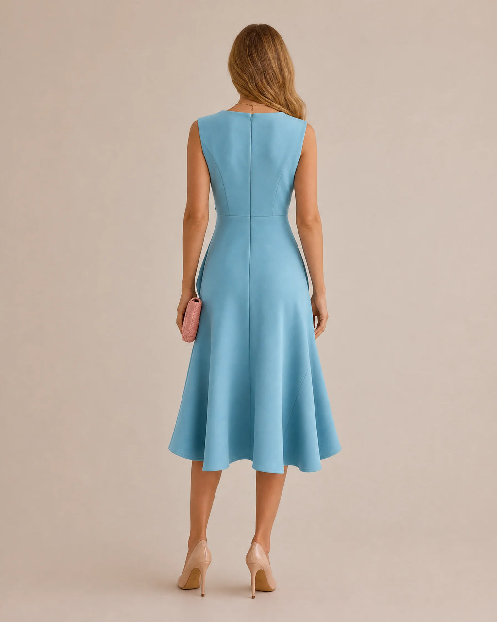 Twisted Knot Waist Midi Dress – Sleeveless Round Neck Office Dress | Oyese