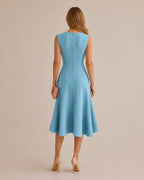 Twisted Knot Waist Midi Dress – Sleeveless Round Neck Office Dress | Oyese