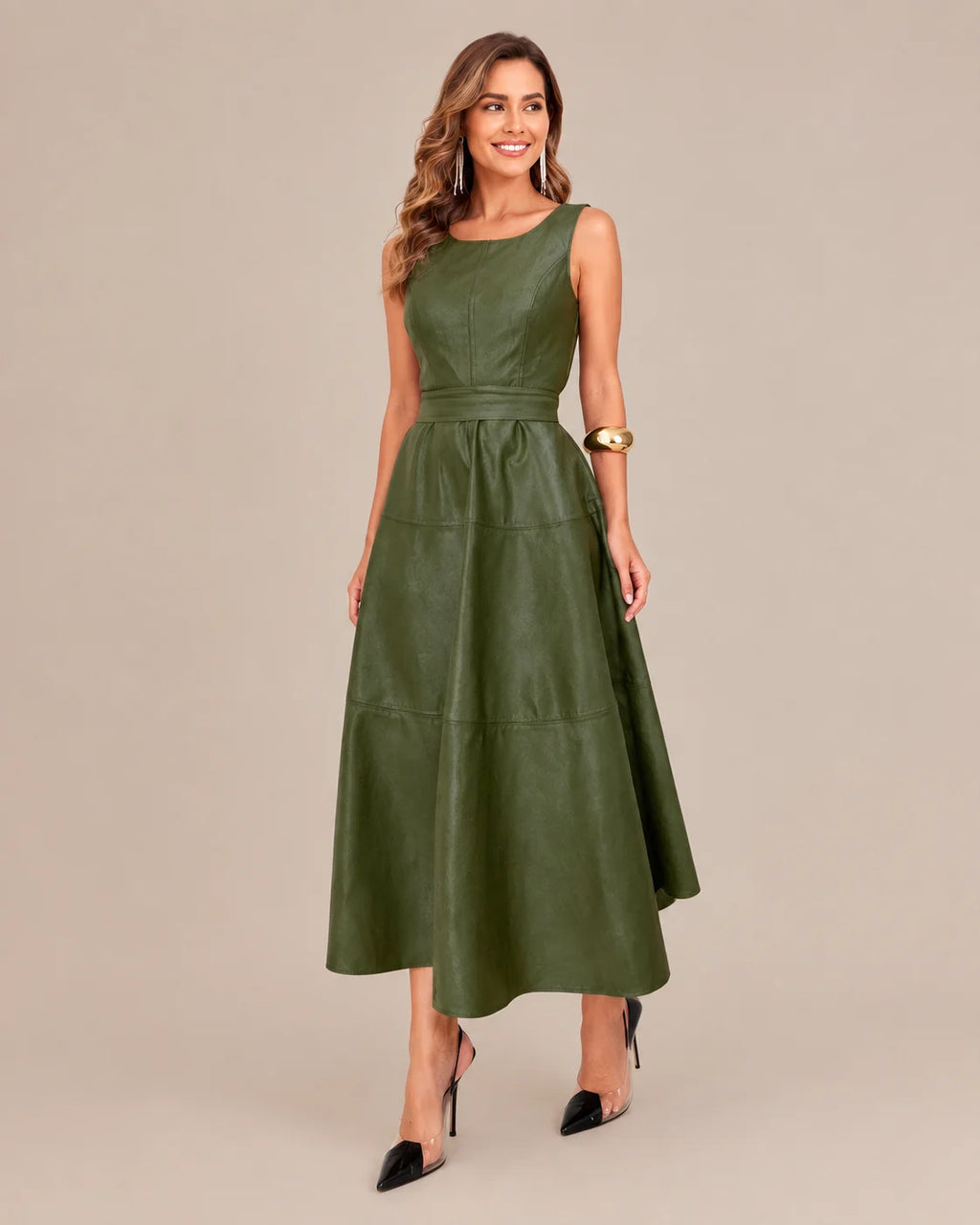 Sleeveless Faux Leather Belted A-Line Midi Dress | Oyese