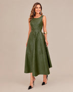 Sleeveless Faux Leather Belted A-Line Midi Dress | Oyese