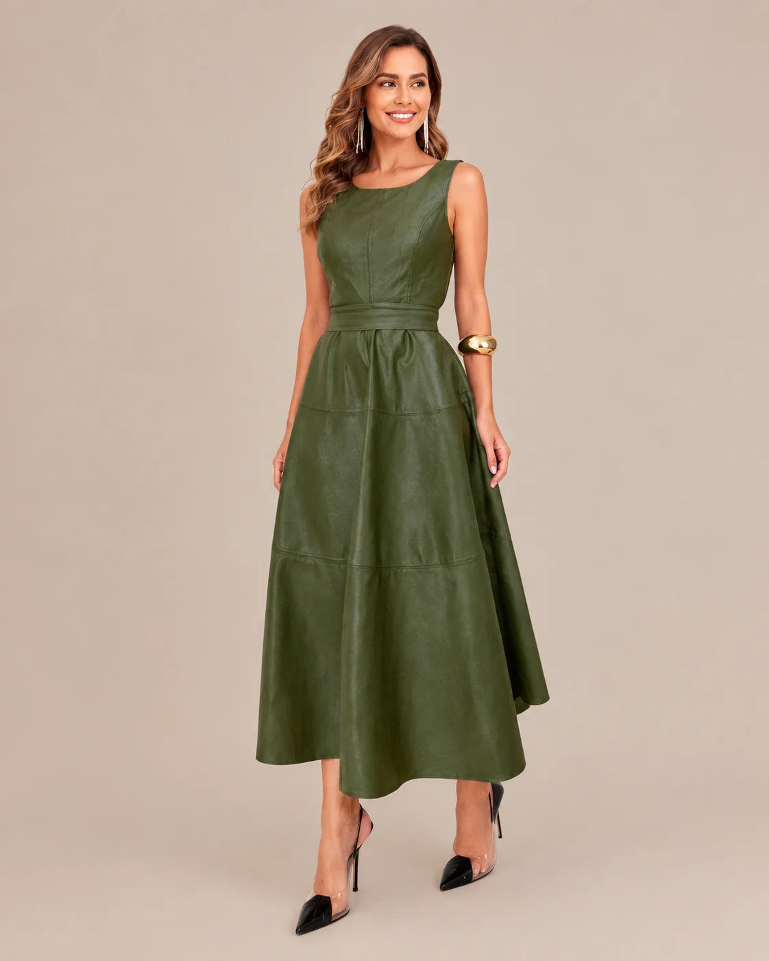 Sleeveless Faux Leather Belted A-Line Midi Dress | Oyese