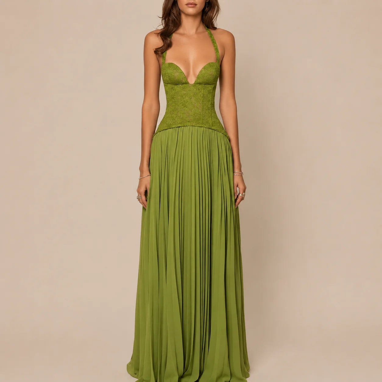 Lace Corset Halter Maxi Dress – Pleated A-Line Backless Formal Gown | Oyese