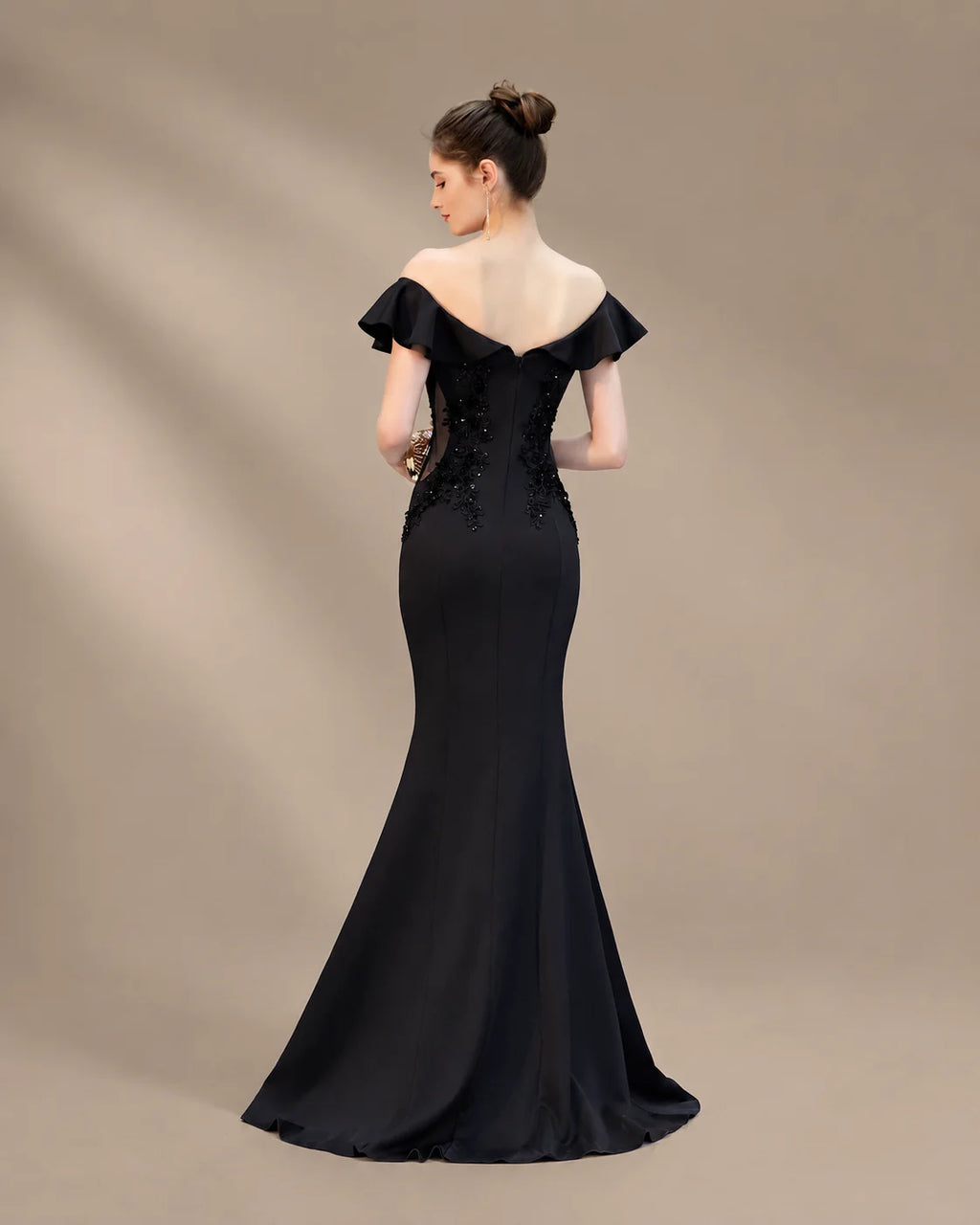 Off-Shoulder Ruffle Sleeve Beaded Mermaid Evening Gown | Oyese