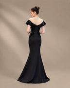 Off-Shoulder Ruffle Sleeve Beaded Mermaid Evening Gown | Oyese