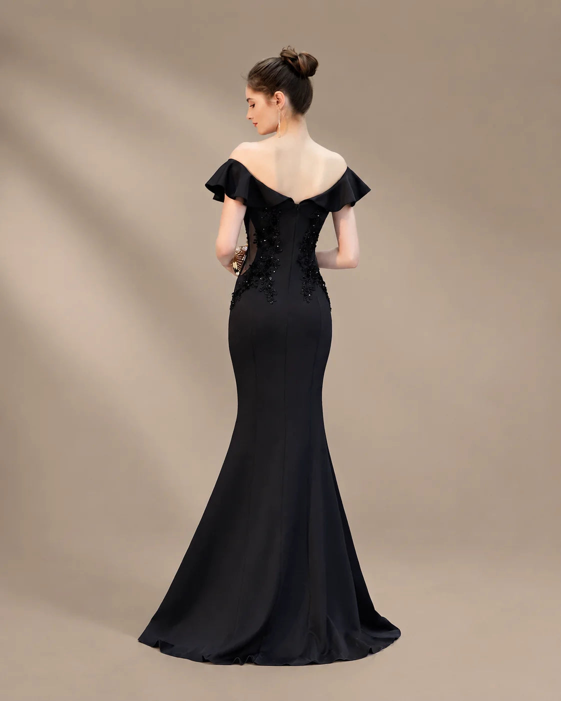 Off-Shoulder Ruffle Sleeve Beaded Mermaid Evening Gown | Oyese