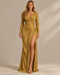 Shimmer Wrap V Neck Long Sleeve Maxi Dress – High Slit Evening Gown | Oyese