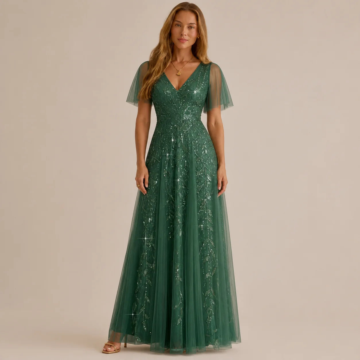 Deep V-Neck Sequin Tulle A-Line Gown – Flutter Sleeve Formal Evening Dress | Oyese