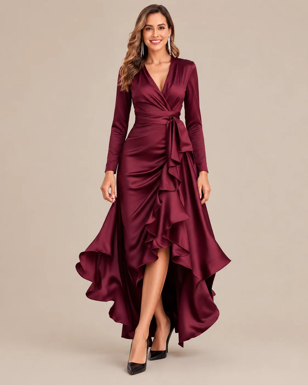 V-Neck Wrap Belted Satin High-Low Ruffle Dress | Oyese