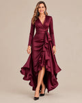 V-Neck Wrap Belted Satin High-Low Ruffle Dress | Oyese