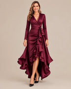 V-Neck Wrap Belted Satin High-Low Ruffle Dress | Oyese