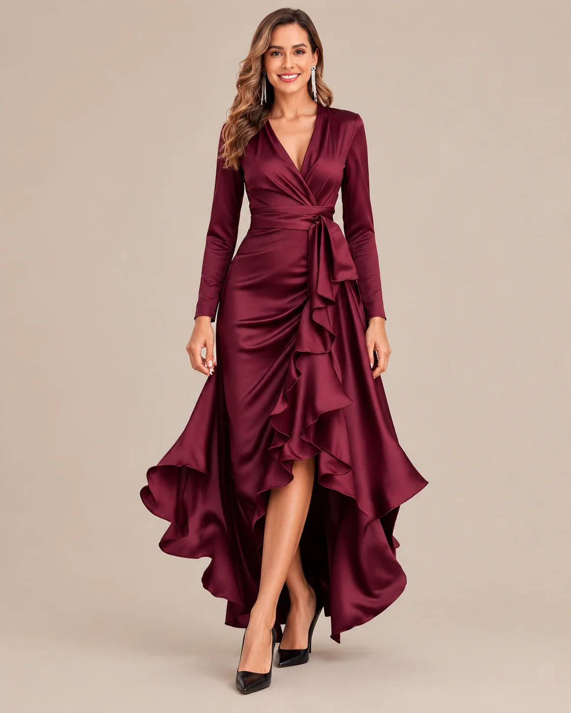 V-Neck Wrap Belted Satin High-Low Ruffle Dress | Oyese