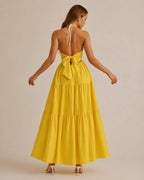 Halter Deep V-Neck Tiered Maxi Dress – Flowy Vacation Beach Dress | Oyese