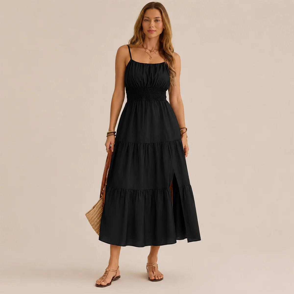 Pleated Solid Color Slim Dress